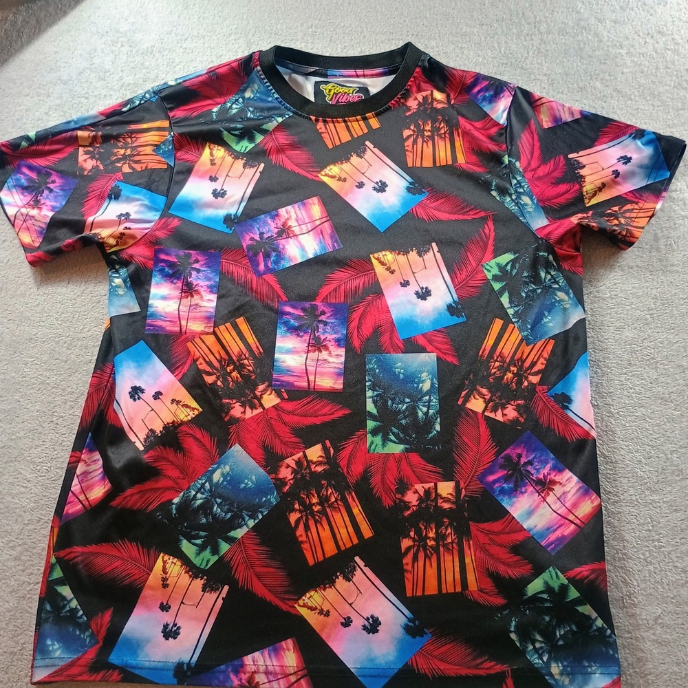 Good Vibes Mens T-Shirt Tropical‎ Sunset Palm Tree Multicolor Large Graphic Tee